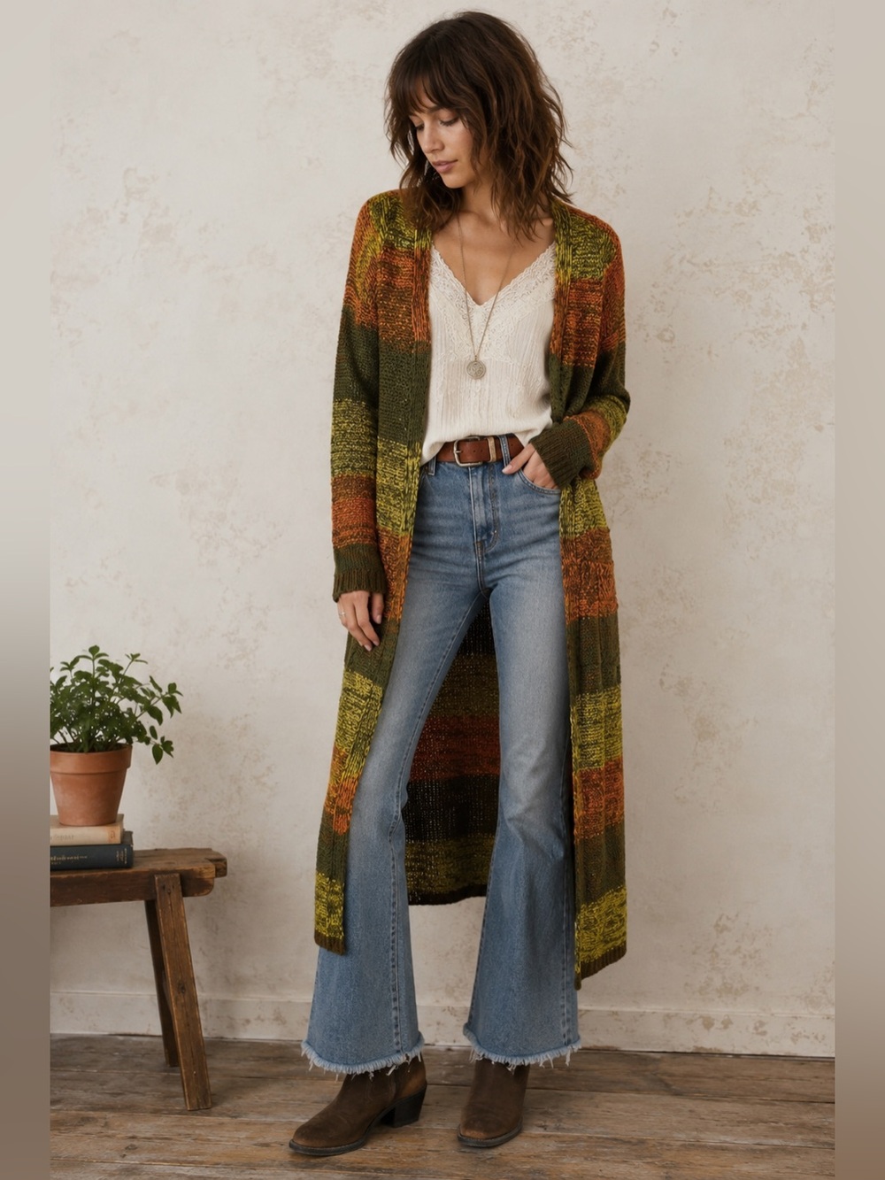 Madeline & Monroe Striped Knit Sweater Cardigan w/Poxkets Autumn Colors Small